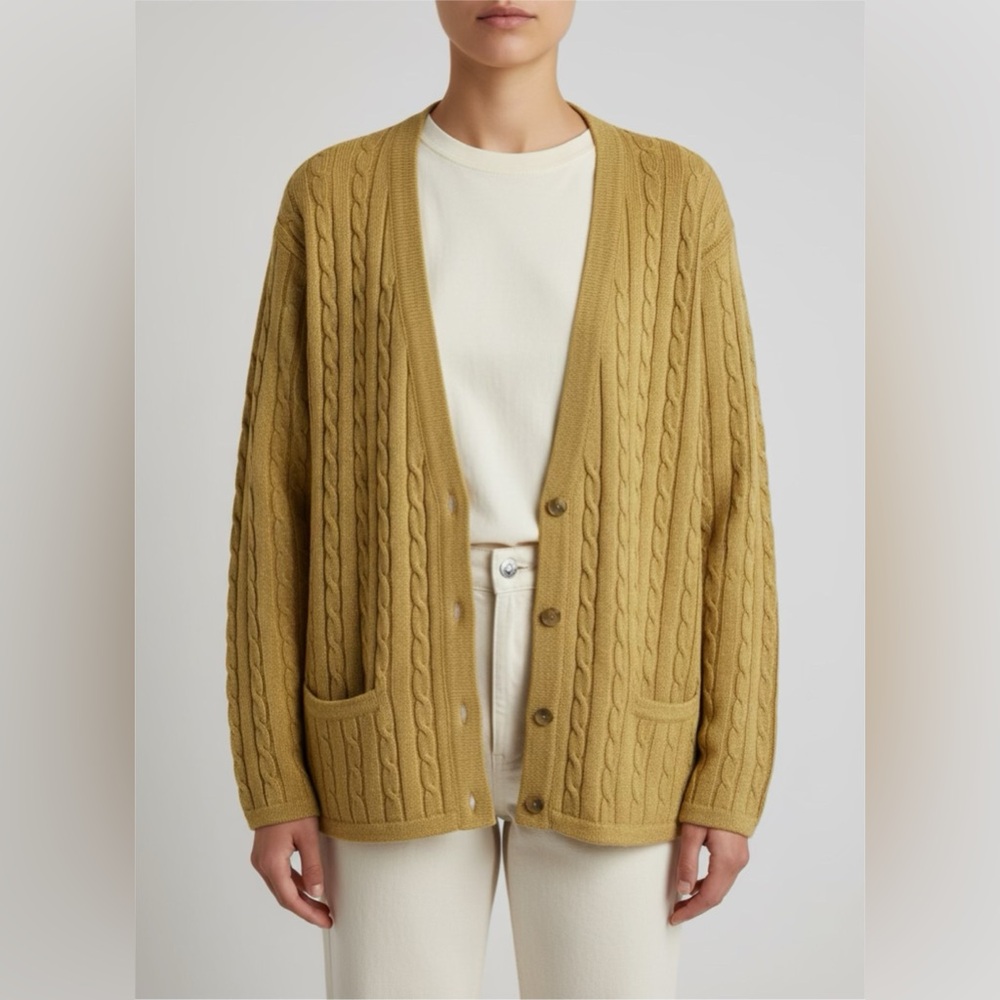 Vintage Gantos Women Cardigan M Fisherman’s Sweater Mustard‎ Gold V Neck